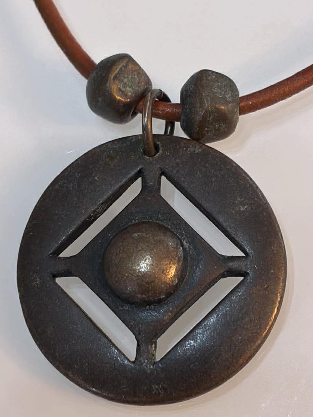 Rustic Round Metal Pendant Necklace in Dark Bronze